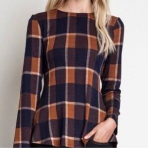 Umgee plaid knit navy blue and brown peplum asymmetrical tunic top dress Size L